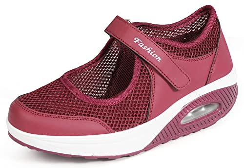 Sandalen Damen Freizeitschuhe Keilabsatz Leicht Walking Schuhe Plateau Turnschuhe Mesh Fitness Sneaker Laufschuhe Sommer Atmungsaktiv Espadrilles E-Rot EU36 von Hsyooes