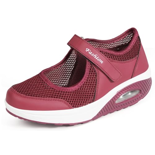 Sandalen Damen Freizeitschuhe Keilabsatz Leicht Walking Schuhe Plateau Turnschuhe Mesh Fitness Sneaker Laufschuhe Sommer Atmungsaktiv Espadrilles E-Rot EU36 von Hsyooes