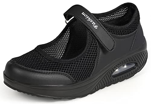 Sandalen Damen Freizeitschuhe Keilabsatz Leicht Walking Schuhe Plateau Turnschuhe Mesh Fitness Sneaker Laufschuhe Sommer Atmungsaktiv Espadrilles E-Schwarz EU40 von Hsyooes