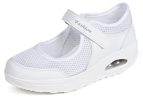 Sandalen Damen Freizeitschuhe Keilabsatz Leicht Walking Schuhe Plateau Turnschuhe Mesh Fitness Sneaker Laufschuhe Sommer Atmungsaktiv Espadrilles E-Weiß EU36 von Hsyooes