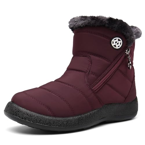 Hsyooes Winterstiefel Damen Wasserdicht Winterschuhe Warm Stiefeletten Winter Schneestiefe Gefüttert Kurzschaft Stiefel Rutschfeste Schlupfstiefel Boots Flach Rot A 43EU von Hsyooes