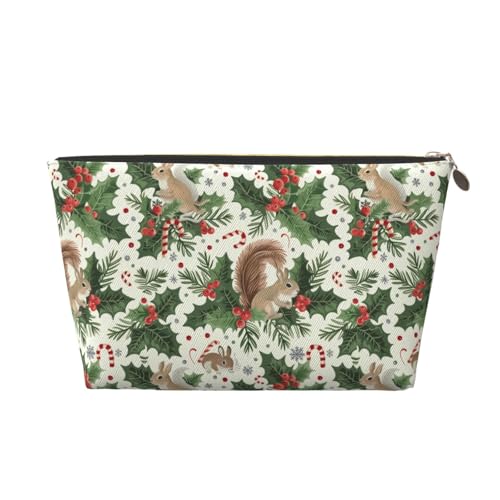 Hsyoyo Make-up-Tasche, wasserdicht, Kosmetiktasche, Organizer, kleine Make-up-Tasche, mit Reißverschluss, tragbare Reise-Kulturbeutel für Frauen und Mädchen, Weihnachts-Stechpalmen-Eichhörnchen von HSYOYO