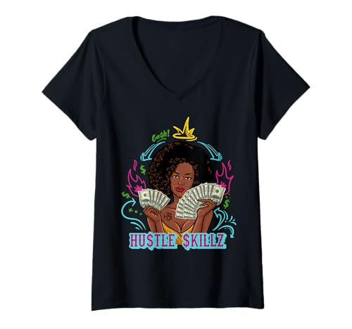 Damen Hustle Skills Black Hustling Melanin Queen Geschäftsinhaber T-Shirt mit V-Ausschnitt Damen Hustle Skills Black Hustling Melanin Queen Geschäftsinhaber T-Shirt mit V-Ausschnitt von Hu$tle $killz Ebony Fuller Shopp