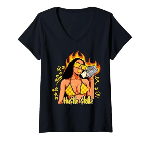 Damen Hustle Skills Black Hustling Melanin Queen Geschäftsinhaber T-Shirt mit V-Ausschnitt Damen Hustle Skills Black Hustling Melanin Queen Geschäftsinhaber T-Shirt mit V-Ausschnitt von Hu$tle $killz Ebony Fuller Shopp