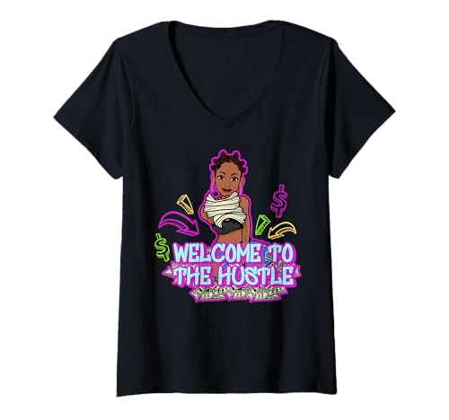 Damen Willkommen bei Hustle Woman Black Queen Fun Melanin Sista T-Shirt mit V-Ausschnitt Damen Willkommen bei Hustle Woman Black Queen Fun Melanin Sista T-Shirt mit V-Ausschnitt von Hu$tle $killz Shopp