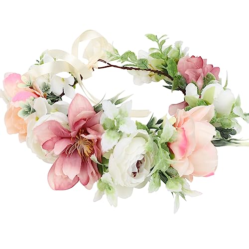HuaLiSiJi Blumenkranz Haare Rosa, Haarkranz Boho Blumenkranz Rose Floral, Schön Gearbeitet der Blumenkrone, Individuell Einstellbar Durch Ein Band (Weiß-1) von HuaLiSiJi