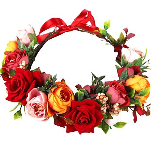 HuaLiSiJi Blumenkrone Boho Haarkranz Blumen Hochzeit Blumenkranz Haare Rot, Schön Gearbeitet der Blumenkrone, Individuell Einstellbar Durch Ein Band (Rot) von HuaLiSiJi