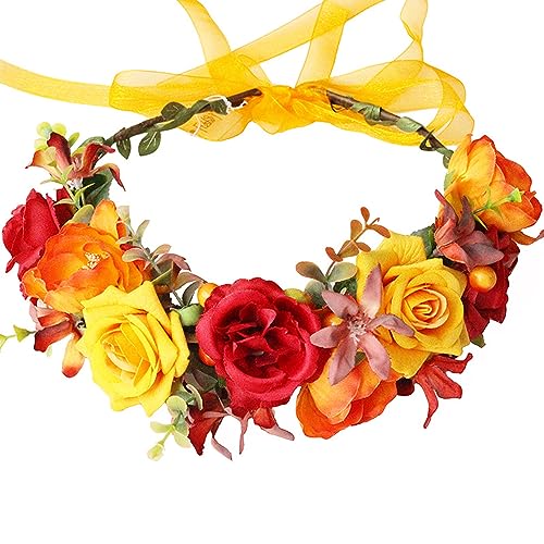 HuaLiSiJi Blumenkrone Boho Haarkranz Blumen Hochzeit Blumenkrone Damen, Schön Gearbeitet der Blumenkrone, Individuell Einstellbar Durch Ein Band (Orange) von HuaLiSiJi