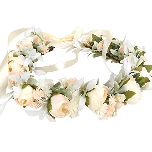 HuaLiSiJi Blumenkrone Haarkranz Boho Blumenkranz Rose Floral, Schön Gearbeitet der Blumenkrone, Individuell Einstellbar Durch Ein Band (Weiß) von HuaLiSiJi