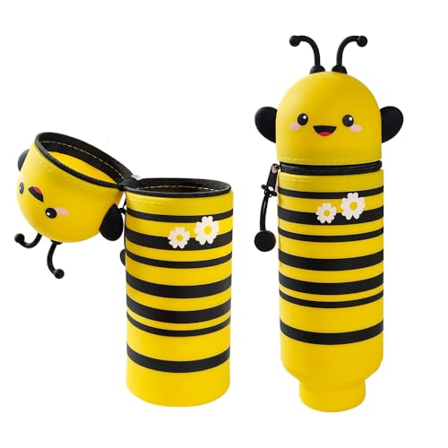 HuaMuDM 2-in-1 Weiche Silikontasche,Cartoon Federmäppchen,Stand Up Federmäppchen,Tier Stifthalter,mäppchen,Stifte Mäppchen,Niedliche Schulbedarf Mädchen Junge (Kleine Biene) von HuaMuDM