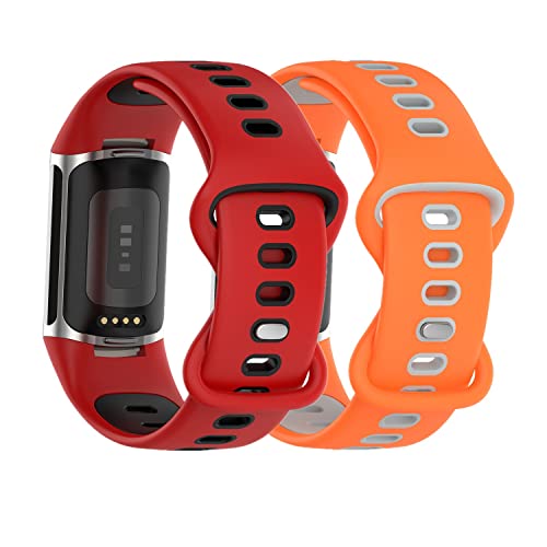 Huabao Armband Kompatibel mit Fitbit Charge 5,Verstellbares Silikon Sport Strap Ersatzband für Armband für Fitbit Charge 5 Activity Tracker Damen Herren (Rot+Orange) von Huabao