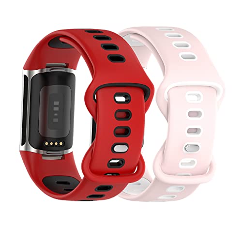Huabao Armband Kompatibel mit Fitbit Charge 5,Verstellbares Silikon Sport Strap Ersatzband für Armband für Fitbit Charge 5 Activity Tracker Damen Herren (Rot+Rosa) von Huabao