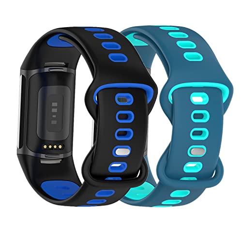 Huabao Armband Kompatibel mit Fitbit Charge 5,Verstellbares Silikon Sport Strap Ersatzband für Armband für Fitbit Charge 5 Activity Tracker Damen Herren (Schwarz+Blau) von Huabao