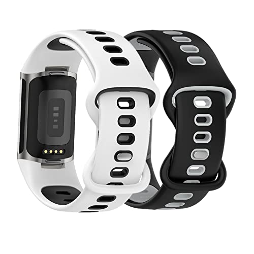 Huabao Armband Kompatibel mit Fitbit Charge 5,Verstellbares Silikon Sport Strap Ersatzband für Armband für Fitbit Charge 5 Activity Tracker Damen Herren (Weiß+Schwarz) von Huabao