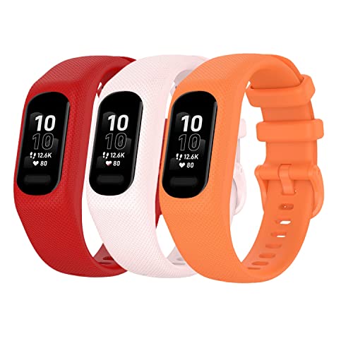 Huabao Armband Kompatibel mit Garmin vivosmart 5,Verstellbares Silikon Sport Strap Ersatzband für Garmin vivosmart 5 Smart Watch (L, rot + hellrosa + orange) von Huabao