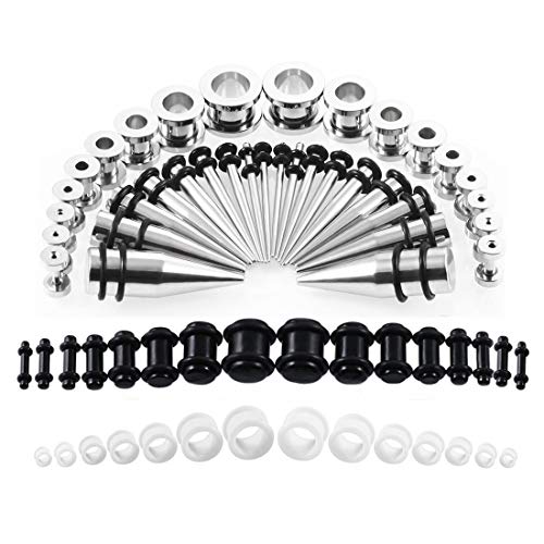 Huacan Dehnstäbe Set 1.6-10mm Tunnel Dehnset Silber 316L Chirurgenstahl Dehnstab Weiß Silikon Tunnels 3-12mm Plugs Schwarz Acryl Knochenstäbe Klassisch Expander für Frauen Damen Herren 68 Stück von Huacan