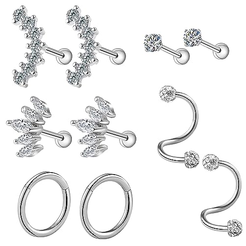 Huacan 14G Tragus Helix Piercing 10 Stk, Tragus Knorpel Piercing 5 Paare Gold Silber Ohrringe Ohrstecker Edelstahl Cubic Zirkonia Ohrpiercing Set für Frauen Damen Bei Jedem Anlass von Huacan