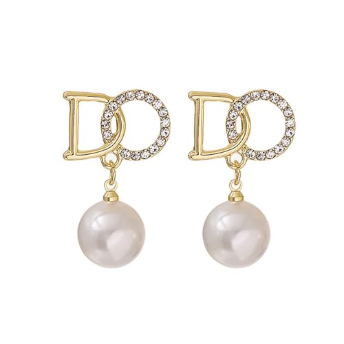 Huacan Ohrstecker Damen mit Perle Anhänger Buchstaben Eingelegt Zirkon Design Ohr Stecker Gold Farbe Luxuriöser Ohrringe für Frauen Mädchen Modeschmuck Perfekt in Alltag Verlobung und Party von Huacan