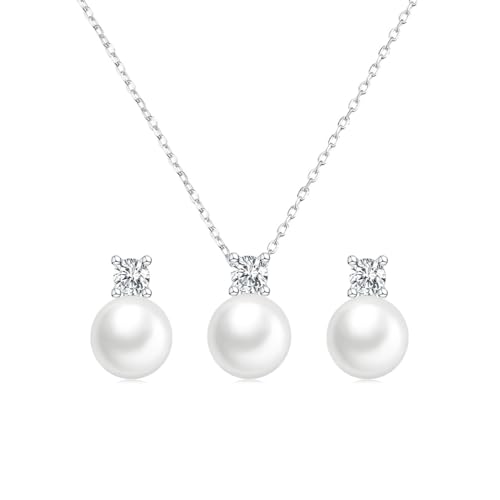 Huacan Schmuck Set Damen 925 Sterling Silber Ohrringe mit Perlen Anhänger Halskette Süßwasser-Zuchtperle Pendant Schmuckset CZ Geschenke Für Braut Brautjungfer Hochzeit von Huacan