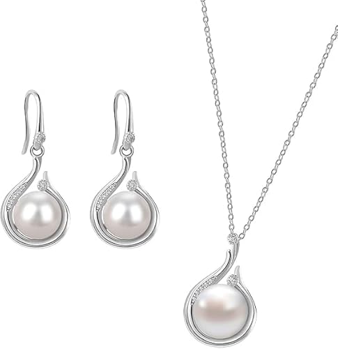 Huacan Schmuck Set Damen 925 Sterling Silber Ohrringe mit Perlen Anhänger Spiral Ohrgehänge Halskette Schmuckset Süßwasser Perle Pendant Funkeln Zirkon Geschenke Für Braut Brautjungfer von Huacan