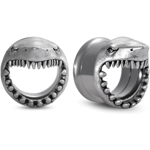 Huacan Tunnel 6mm 8mm 10mm Set Tunnels Silber Schwarz Hai Design Edelstahl Ohr Plugs Klassisch Double Flared Expander für Frauen Damen Herren 2 Stück von Huacan