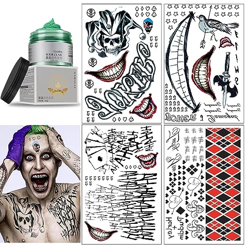 4 Blätter Halloween Clown Temporäre Tattoo+Grün Haarwachsfarbe,Joker Tattoo Abziehbar Cosplay Aufkleber,Horror Night Body Aufkleber Kostüm Halloween Karneval Fasching Cosplay Thema Party von Huahuanghui