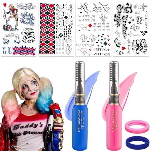 4 Blatt Halloween Temporäre Tattoos Erwachsene Set Mit 2 Haarkreide Und 2 Haargummis Halloween Schminke Make Set Tattoo Aufkleber Mottoparty Cosplay Festival Kostüm Accessoires von Huahuanghui