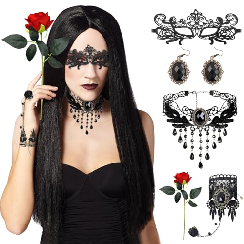 Halloween Schwarz Perücke set,Schwarz Lange Gerade Perücke+Steampunk Halskette+Ohrringe+Armbänder+Lace Augenmaske+Künstliche Rosen,Perücke Hexe für Cosplay,Halloween, Karneval und Themenpartys Halloween Schwarz Perücke set,Schwarz Lange Gerade Perücke+Steampunk Halskette+Ohrringe+Armbänder+Lace Augenmaske+Künstliche Rosen,Perücke Hexe für Cosplay,Halloween, Karneval und Themenpartys von Huahuanghui