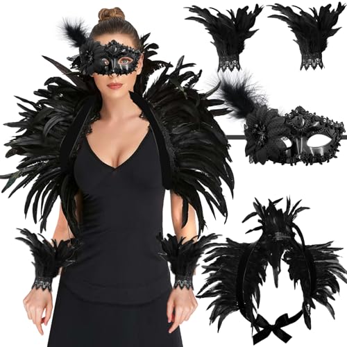 Huahuanghui Federkragen Schwarz Set, mit Feder Handschuhe Schwarz und Gothic Federmaske, Damen Feder Manschetten, Gothic Federn, Schwarze Federn Kostüm, zum Halloween Karneval Masquerade Cosplay von Huahuanghui