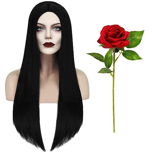 Huahuanghui Halloween Schwarz Perücke,Schwarz Lange Gerade Perücke,Perücke Hexe,1 Wig +1 Haarnetz+1 Künstliche Rosen,für Perücke Damen,Halloween,Karneval,Cosplay Party,Synthetische Perücken ca. 85cm von Huahuanghui