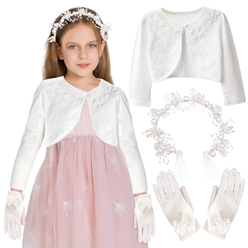 Kommunionkleid Mädchen, Bolero Mädchen Weiß + Haarschmuck Kommunion Mädchen + Handschuhe mit Schleife, Kommunion Geschenke für Mädchen, Erstkommunion Kleid Mädchen 130 (3pcs) von Huahuanghui