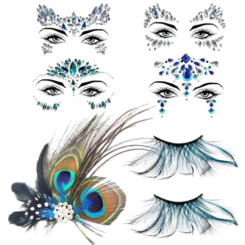 Huahuanghui Pfau Kostüm Damen,Pfauenfedern Haarschmuck+Bunte Pfauenfedern Wimpern+4 PCS Glitzersteine Gesicht, Für Karneval Fasching Halloween Mottoparty Cosplay von Huahuanghui