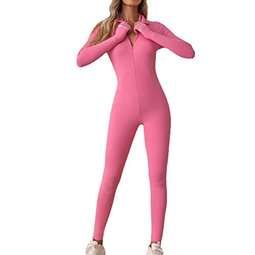 Huairdum Einteiliger Langärmliger Yoga-Anzug, Dehnbarer Damen-Jumpsuit mit Reißverschluss, Reverskragen, Schmale Passform, Schweißabsorbierend, für Party und Fitness (S) von Huairdum