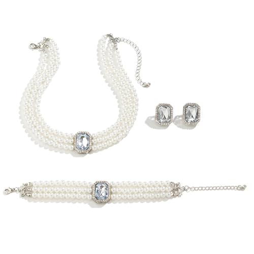 Huairdum Imitationsperlen-Halsketten-Set, Leicht zu Kombinierendes Imitationsperlen-Halsketten-Ohrring-Armband für Tänze (Freie Größe) von Huairdum