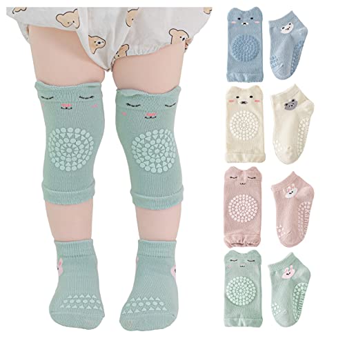 Huakunda 4 Paar Baby Knieschoner Baby Socken, Unisex Beinwärmer Kleinkind Anti-Rutsch mit Gummipunkten zum Krabbeln 0-36 Monate (S, 02) von Huakunda