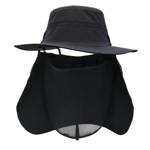 Huakunda Sonnenhut Herren UPF 50+ 360° UV-Schutz Hut mit Nackenschutz Abnehmbar Gesichtsschutz Fischerhut für Wandern Gehen Safari (DE/NL/SE/PL, Alphanumerisch, Einheitsgröße, Schwarz) von Huakunda