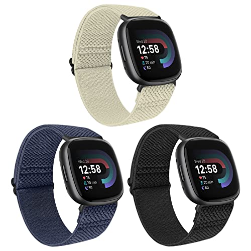 Huamanlou Elastische Nylon-Armbänder, kompatibel mit Fitbit Versa 4/Versa 3/Sense 2/Sense, weiche Schlaufe, verstellbare Sport-Ersatzarmbänder für Damen und Herren, 3 Stück von Huamanlou