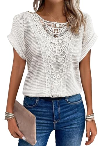 Huamengyuan Damen Kurzarm T-Shirt Spitzenverzierung Casual Koreanischer Look Huamengyuan Damen Kurzarm T-Shirt Spitzenverzierung Casual Koreanischer Look von Huamengyuan