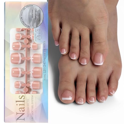 Huamengyuan Falsche Fußnägel Kit Französisch Natürliche Künstlich Fußnägel zum Aufkleben Full Cover Toe Nails Tips für Frauen French Kurz Künstliche Nägel Falsche DIY Nagelkunst 120 Stück von Huamengyuan