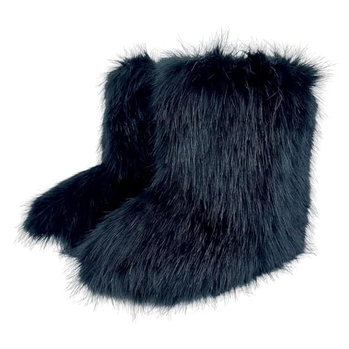 Huamengyuan Faux Fur Boots for Women Fuzzy Fluffy Furry Round Toe Suede Winter Snow Boots Flat Shoes Winterstiefel Schneestiefel Gemütlich Flache Kurze Stiefel für Innen Draußen drinnen von Huamengyuan