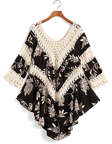 Bikini Cover Up Frauen Elegant Strandrock Sommer 3/4 Ärmel V-Ausschnitt Bikinioberteil Irregular Aushöhlen Boho Swing Leichte Unique Loose Weiches Blumenmuster Sonnenschutz Fashion (Aprikose,One Size) von HuanHaoYu