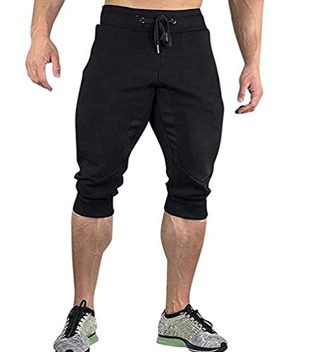 Herren 3/4 Trainingshose Kurz Sporthose Slim Fit Gummibund Unique Jogging Hose Capri Hose Fitness Sommer Shorts Reißverschlusstaschen Atmungsaktiv Mode Jogging Shorts (Schwarz,M) von HuanHaoYu