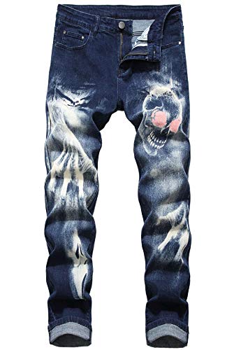 Herren Jeans Totenkopf Aufdruck Trend Chic Jeanshose Streetwear Essential Unique Retro Denim Hosen (Dunkelblau,32) von HuanHaoYu