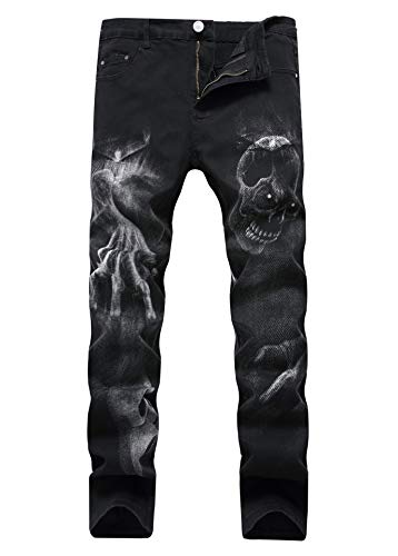 Herren Jeans Totenkopf Aufdruck Trend Chic Jeanshose Streetwear Essential Unique Retro Denim Hosen (Schwarz,30) von HuanHaoYu