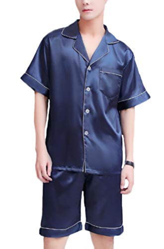 Herren Kurz Satin Schlafanzug Gemütlich Pyjama Kurzarm Set Unique Sommer Nachtwäsche Sommer Schlafoberteil Schlafanzughose Set Pant Zweiteiliger Anzug (Blau,3XL) von HuanHaoYu