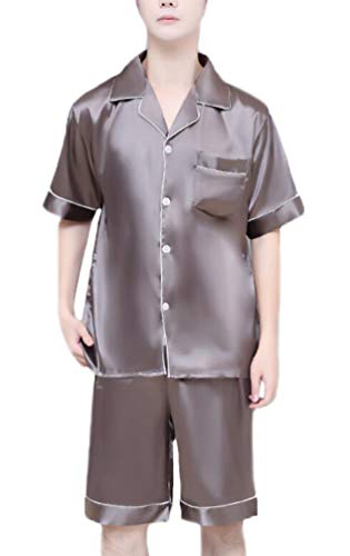 Herren Kurz Satin Schlafanzug Gemütlich Pyjama Kurzarm Set Unique Sommer Nachtwäsche Sommer Schlafoberteil Schlafanzughose Set Pant Zweiteiliger Anzug (Kaffee,3XL) von HuanHaoYu