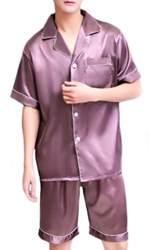 Herren Kurz Satin Schlafanzug Gemütlich Pyjama Kurzarm Set Unique Sommer Nachtwäsche Sommer Schlafoberteil Schlafanzughose Set Pant Zweiteiliger Anzug (Violett,3XL) von HuanHaoYu