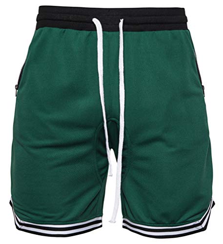 Herren Shorts Gestreift Mesh Atmungsaktiv Unique Fitness Gym Bewegung Sporthose Laufshorts Sweatshorts Reißverschlusstaschen (Grün,L) von HuanHaoYu