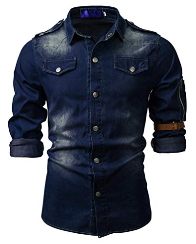 HuanHaoYu Herren Jeanshemd Top Mode Blau Retro Classic Hemden Essential Langarm Denimhemd Casual Streetwear (Dunkelblau,L) von HuanHaoYu