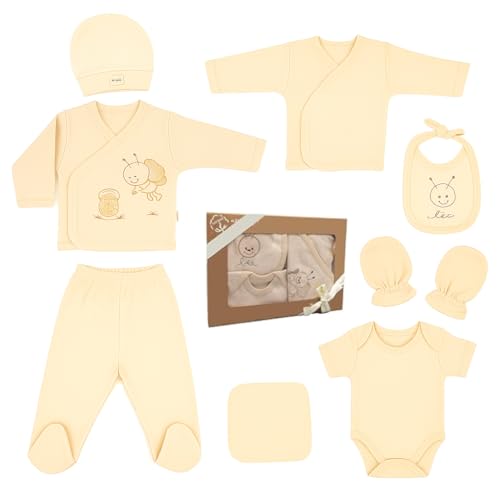 Huanger Ipeksi Baby Neugeborenen Baby Set 100% natürliche Baumwolle Erstausstattung Erstlingsausstattung Ausstattung Unisex Kleidung Geschenkset Babyausstattung mit 8 Teilig für Babys 0-4 Monate von Huanger